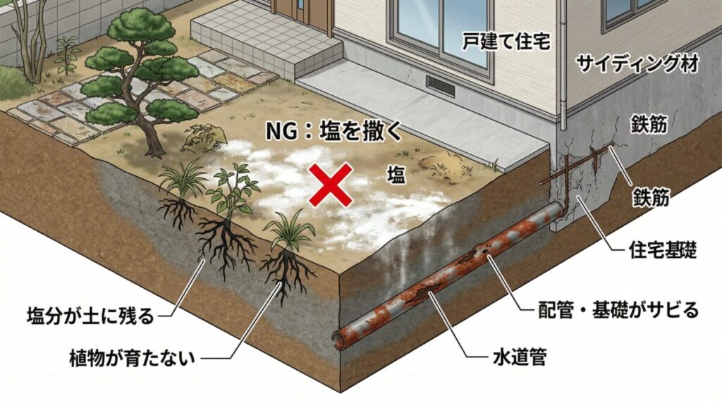 庭に塩を撒くことで、土の中に塩分が蓄積して植物が枯れ、地中の配管や基礎がサビて腐食してしまう塩害の恐ろしさを表した図解