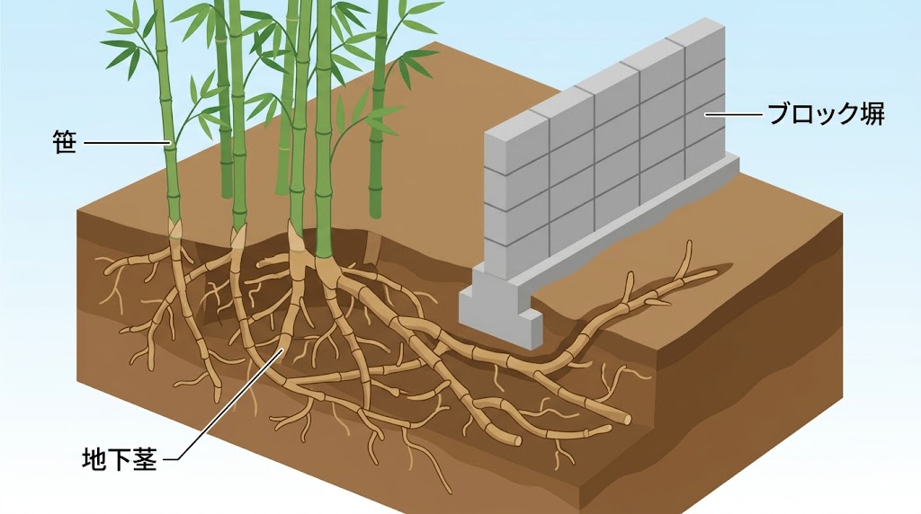 地上では離れて生えている笹が、土の中では地下茎で広く繋がって隣地から侵入してきている様子を表した立体断面図