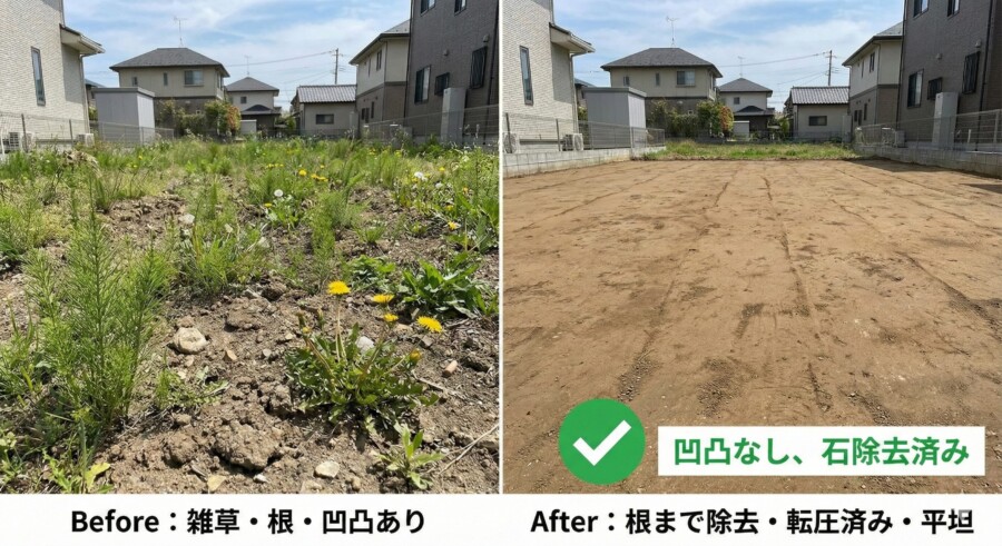 防草シート施工前の正しい整地状態と雑草の根を除去した平坦な地面の様子