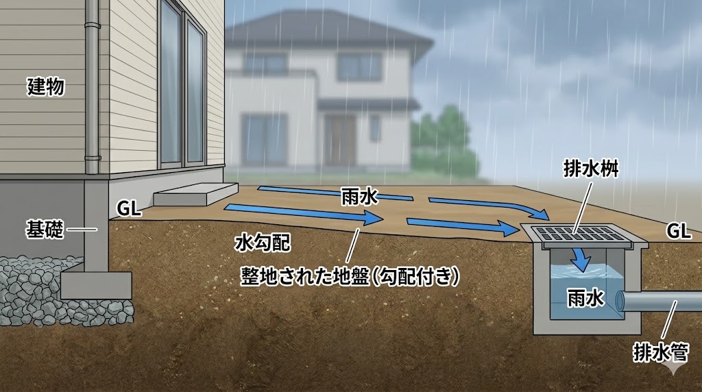 建物側から簡略化された基礎周辺を含め、庭全体を整地し、排水桝へゆるやかな水勾配をつけた地中断面図