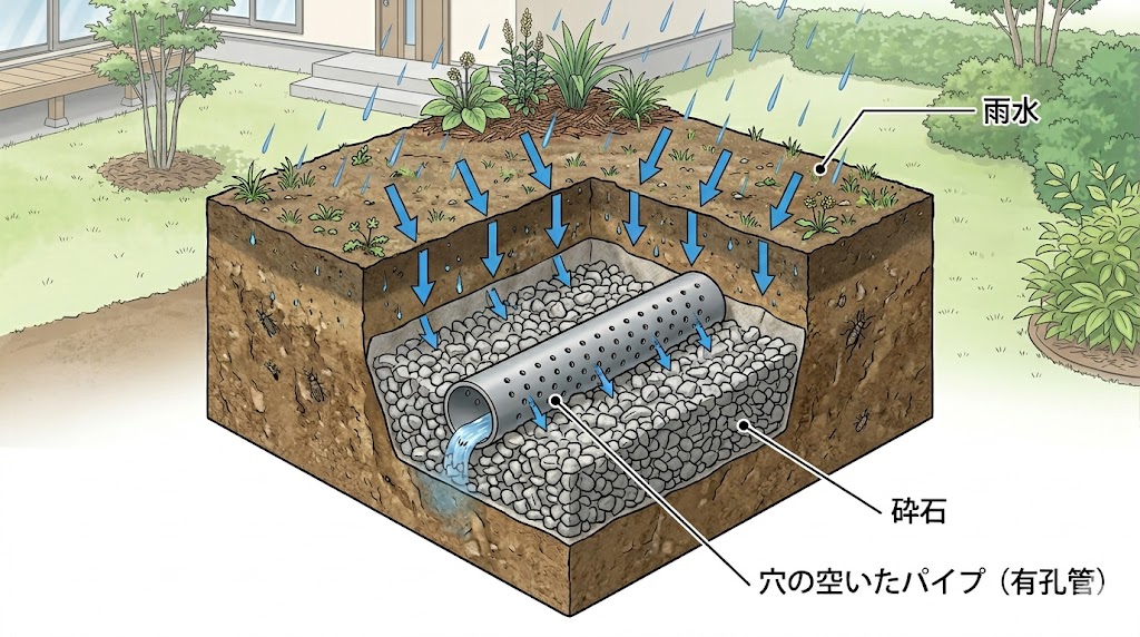 水はけの悪い庭に設置する、地中の砕石と有孔管で雨水を排水する暗渠排水の立体断面図