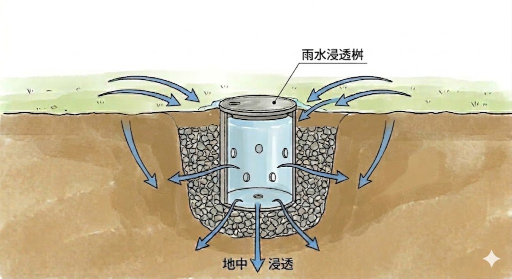 雨どいからの雨水が、穴あきの浸透桝と周囲の砕石層を通過し、地中へしみ込んでいく仕組みを示す断面図