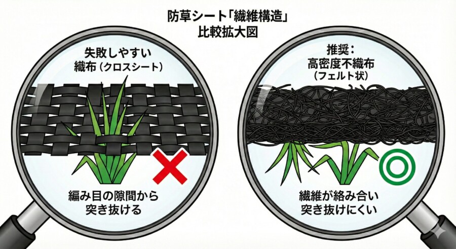 防草シートの比較図。安価な織布は雑草が貫通するが、高密度不織布は繊維が絡まり雑草を防いでいる様子。
