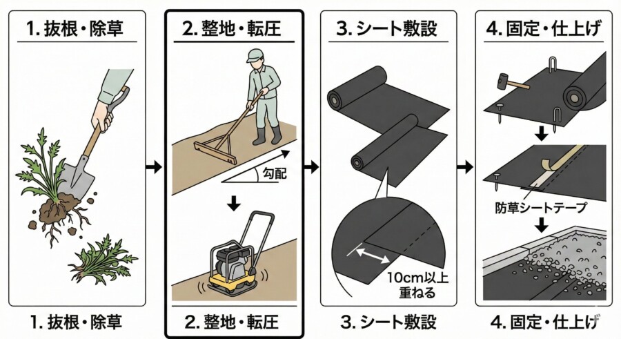 防草シートの施工手順4ステップ。1.根こそぎ除草、2.整地と転圧、3.シートの重ね敷き、4.ピンとテープで固定。
