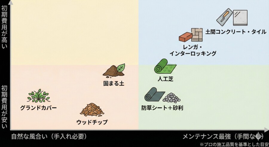 庭の雑草対策7選の費用と耐久性の比較チャート（人工芝・砂利・コンクリート・固まる土など）

