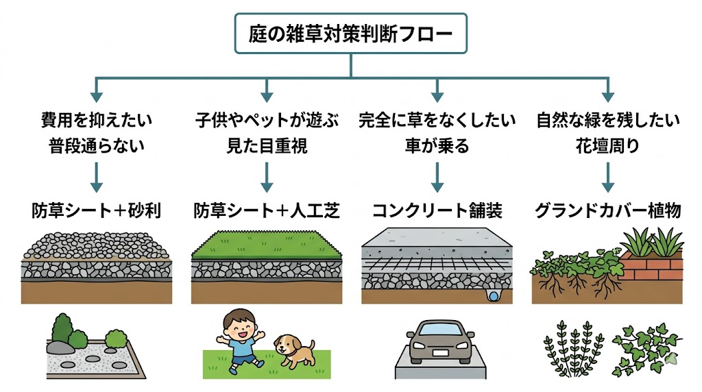 庭の使い方や目的から、最適な雑草対策(砂利、人工芝、コンクリートなど)を選ぶための判断フローチャート。