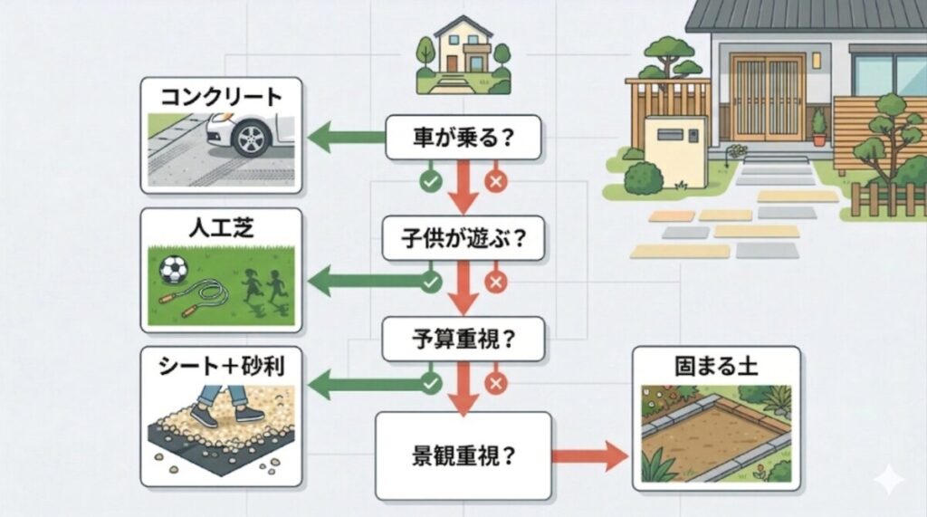 予算、用途、DIYの可否などの条件から、「防草シート＋砂利」「人工芝」「コンクリート」「固まる土」などの最適な雑草対策がわかるフローチャート図。