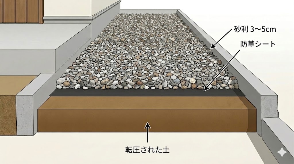 雑草の根を取り除いて平らに固めた土の上に防草シートを敷き、その上に砂利を3〜5cmの厚みで施工する、正しい下地処理の層構成を示した断面図。