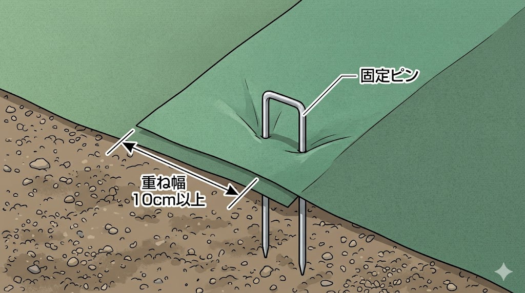 防草シートを施工する際、シート同士を10cm以上重ね合わせて敷き、端や重なり部分をピンでしっかり固定する正しい手順の部分拡大図。