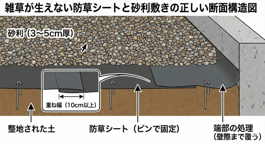 雑草が生えない防草シートと砂利敷きの正しい断面構造図