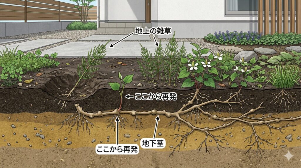 地上部の草を抜いても、地中に長く伸びた地下茎が残っており、そこから再び新しい雑草が生えてくる仕組みを示した土中の断面図。