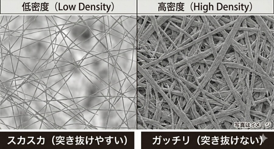 防草シートの密度(目付量)比較図。136g/m2の低密度と240g/m2の高密度の繊維構造の違い。