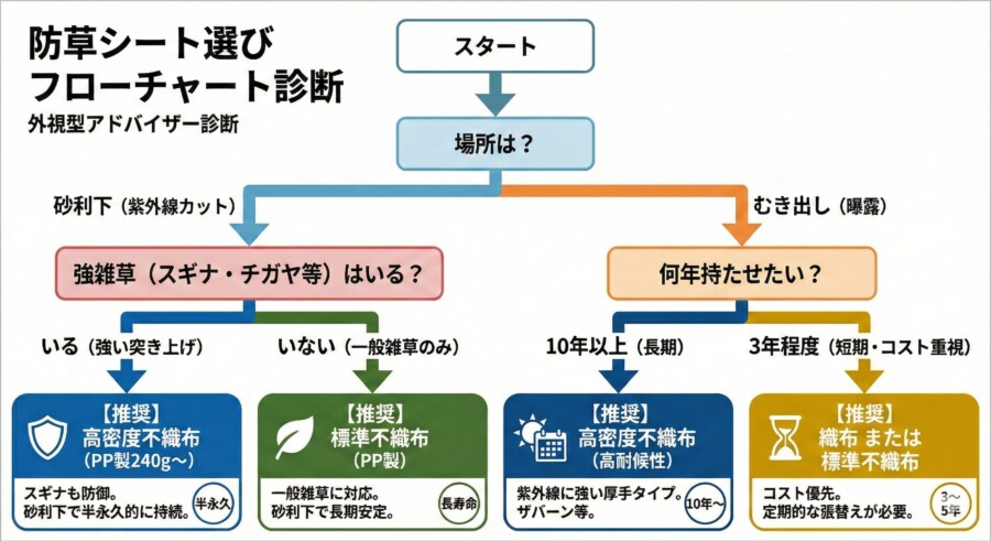 防草シートの選び方フローチャート診断。場所、雑草の種類、予算から最適なシートを判定する図