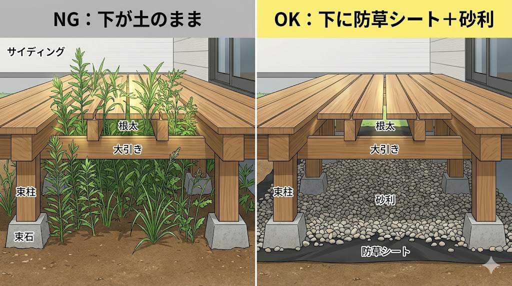 ウッドデッキの下を土のままにして隙間から雑草が生えるNG例と、防草シートと砂利で塞いだOK例の比較断面図