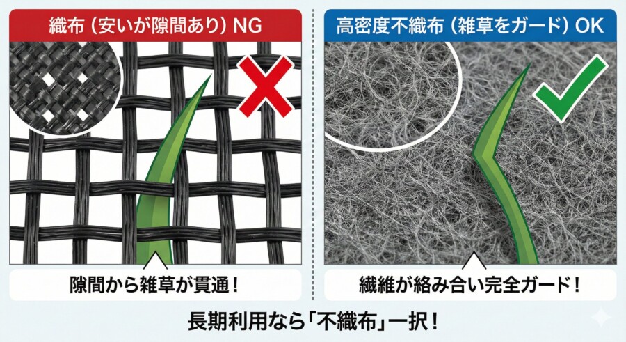 防草シートの織布と不織布の繊維構造比較図。織布の隙間から雑草が突き抜ける様子と、高密度不織布が雑草をガードする拡大図解
