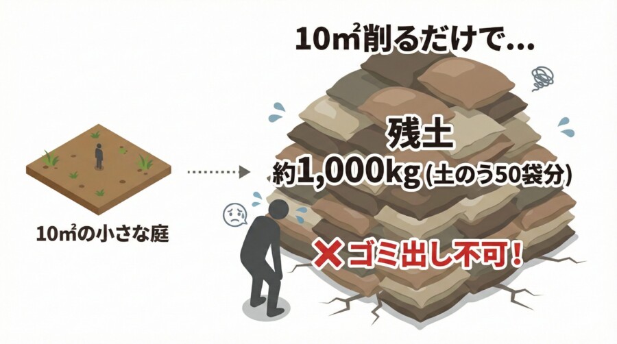 DIYで庭の土を10㎡削ると残土が約1トン（土のう50袋分）発生し、ゴミ出し不可であることを示す警告イラスト