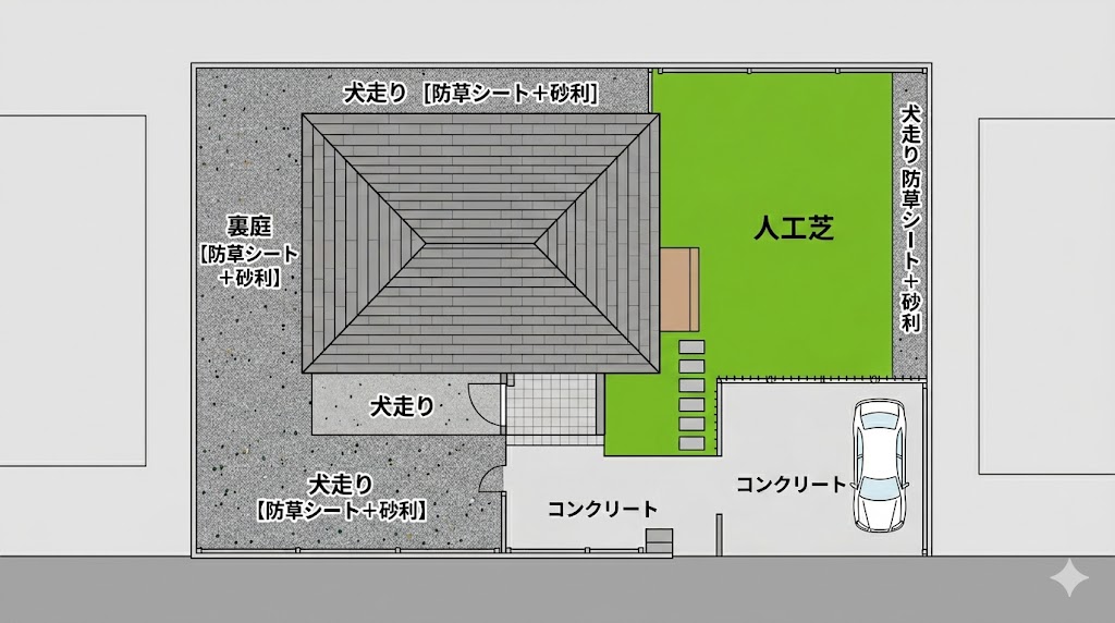 建物周辺のメインの庭には人工芝、裏庭や側面の犬走りには防草シートと砂利を配置し、用途と管理の手間に合わせて雑草対策を分けた平面ゾーニング図。